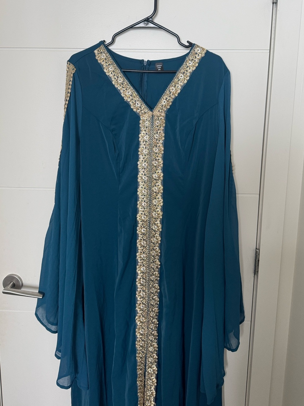 Elegant Teal Embellished V-Neck Women’s Dress